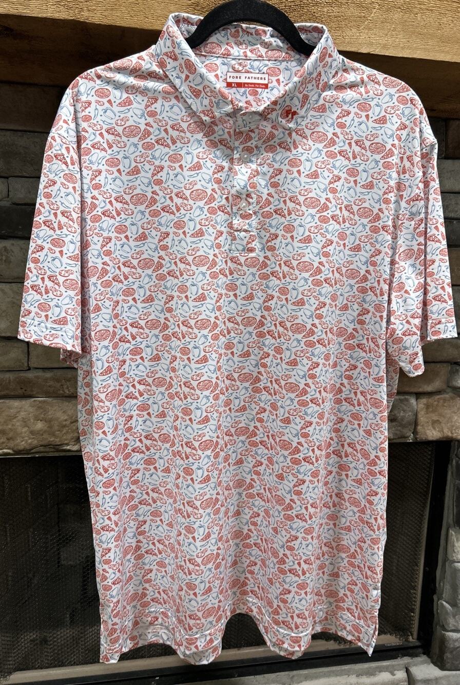 Men’s FORE FATHERS Pizza Peppers AOP Short Sleeve Polo Shirt Size XL *B5